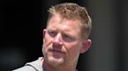 May 23, 2022; Thousand Oaks, CA, USA; Los Angeles Rams general manager Les Snead during organized team activities at California Lutheran University. Mandatory Credit: Kirby Lee-Imagn Images