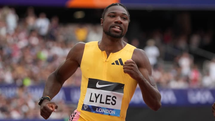 Jul 20, 2024; London, United Kingdom; Noah Lyles (USA) wins the 100m in 9.81 during the London Athletics Meet at London Stadium. Mandatory Credit: Kirby Lee-USA TODAY Sports