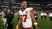 Oct 27, 2024; Paradise, Nevada, USA; Kansas City Chiefs tight end Travis Kelce (87) reacts after the game against the Las Vegas Raiders at Allegiant Stadium. Mandatory Credit: Kirby Lee-Imagn Images
