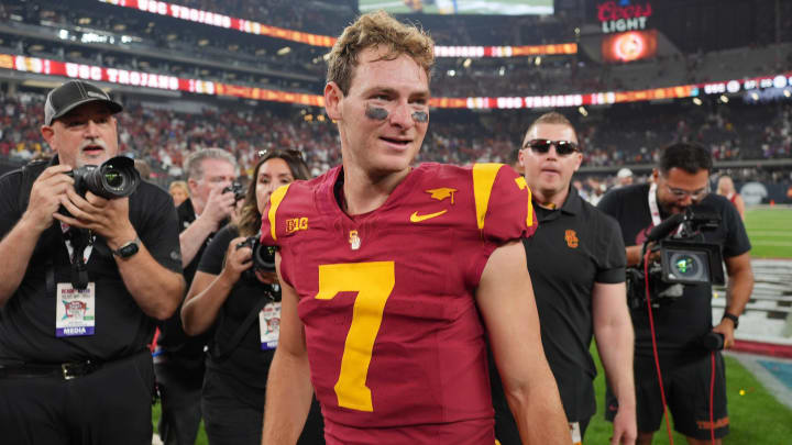 Sep 1, 2024; Paradise, Nevada, USA; Southern California Trojans quarterback Miller Moss (7) reacts after the game against the LSU Tigers at Allegiant Stadium. Mandatory Credit: Kirby Lee-USA TODAY Sports