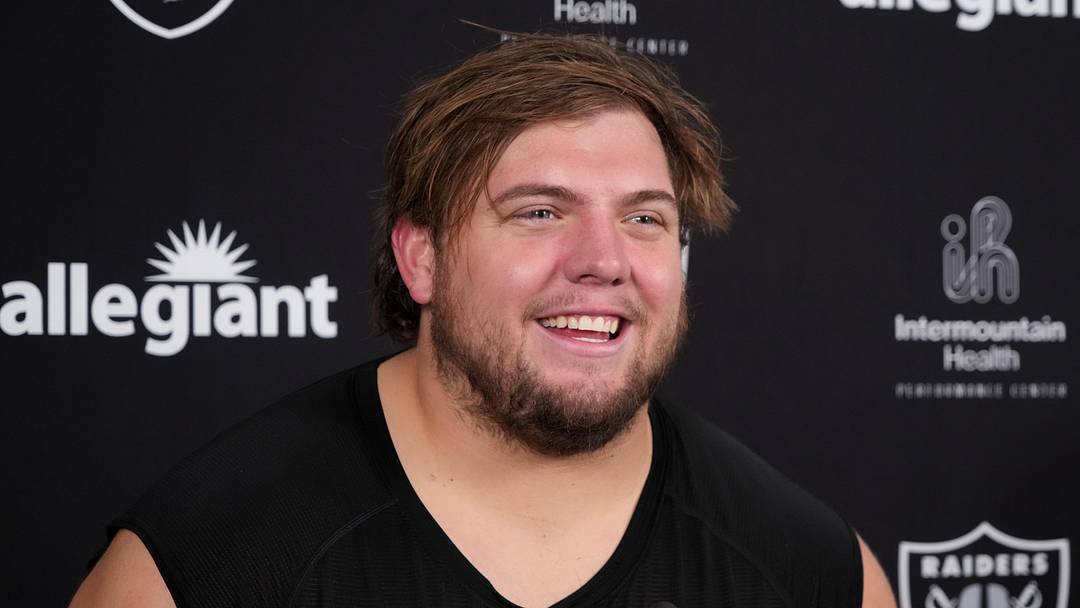 Las Vegas Raiders lineman Jackson Powers-Johnson during training camp press conference.