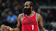 Apr 8, 2025; Inglewood, California, USA; LA Clippers guard James Harden (1) reacts against the San Antonio Spurs in the first half at Intuit Dome. Mandatory Credit: Kirby Lee-Imagn Images