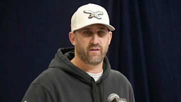 Feb 25, 2025; Indianapolis, IN, USA; Philadelphia Eagles coach Nick Sirianni speaks during the NFL Scouting Combine at the Indiana Convention Center.