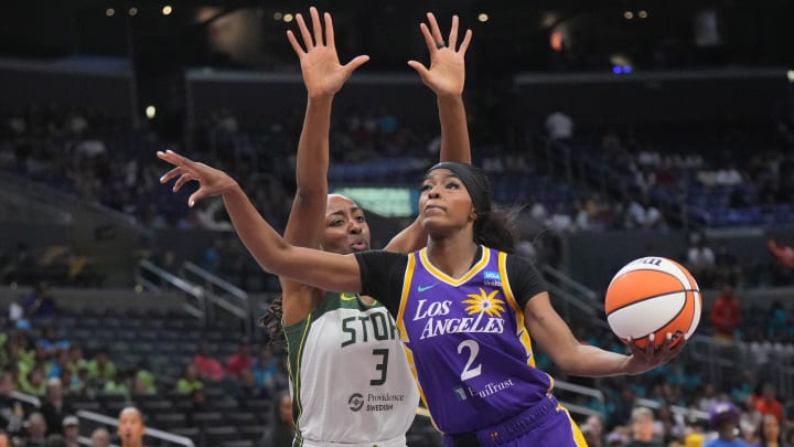 Jul 16, 2024; Los Angeles, California, USA; LA Sparks forward Rickea Jackson (2) is defended by Seattle Storm forward Nneka Ogwumike (3) in the first half at Crypto.com Arena. Mandatory Credit: Kirby Lee-USA TODAY Sports