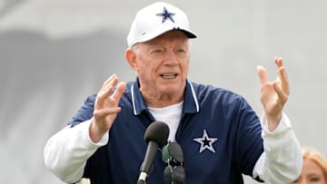 Jul 29, 2023; Oxnard, CA, USA; Dallas Cowboys owner Jerry Jones speaks during training camp opening ceremonies at the River Ridge Fields. Mandatory Credit: Kirby Lee-Imagn Images