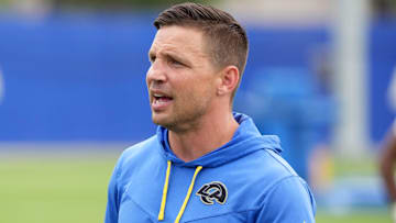 May 28, 2025; Woodland Hills, CA, USA; Los Angeles Rams defensive coordinator Chris Shula during organized team activities at Rams Practice Facility. Mandatory Credit: Kirby Lee-Imagn Images