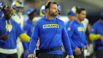 Oct 24, 2024; Inglewood, California, USA; Los Angeles Rams coach Sean McVay reacts against the Minnesota Vikings in the second half at SoFi Stadium. Mandatory Credit: Kirby Lee-Imagn Images