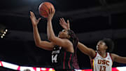 Jan 15, 2023; Los Angeles, California, USA; Stanford Cardinal forward Kiki Iriafen (44) shoots the ball against Southern California Trojans forward Rayah Marshall (13) in the first half at Galen Center.  USC defeated Stanford 55-46. Mandatory Credit: Kirby Lee-Imagn Images
