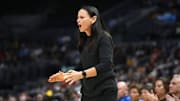 Aug 28, 2024; Los Angeles, California, USA; New York Liberty coach Sandy Brondello reacts against the LA Sparks in the first half at Crypto.com Arena. Mandatory Credit: Kirby Lee-Imagn Images