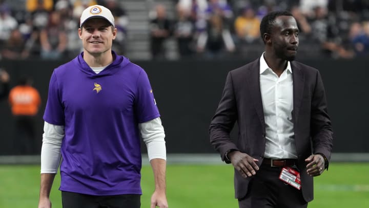 Dec 10, 2023; Paradise, Nevada, USA; Minnesota Vikings coach Kevin O'Connell (left) and general manager Kwesi Adofo-Mensah react during the game against the Minnesota Vikings at Allegiant Stadium.