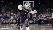 Apr 6, 2025; Tampa, FL, USA; UConn Huskies mascot Jonathan the Husky during the national championship of the women's 2025 NCAA tournament against the South Carolina Gamecocks at Amalie Arena. Mandatory Credit: Kirby Lee-Imagn Images