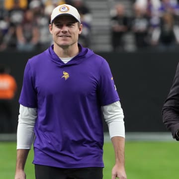 Dec 10, 2023; Paradise, Nevada, USA; Minnesota Vikings coach Kevin O'Connell (left) and general manager Kwesi Adofo-Mensah react during the game against the Minnesota Vikings at Allegiant Stadium. Mandatory Credit: Kirby Lee-USA TODAY Sports