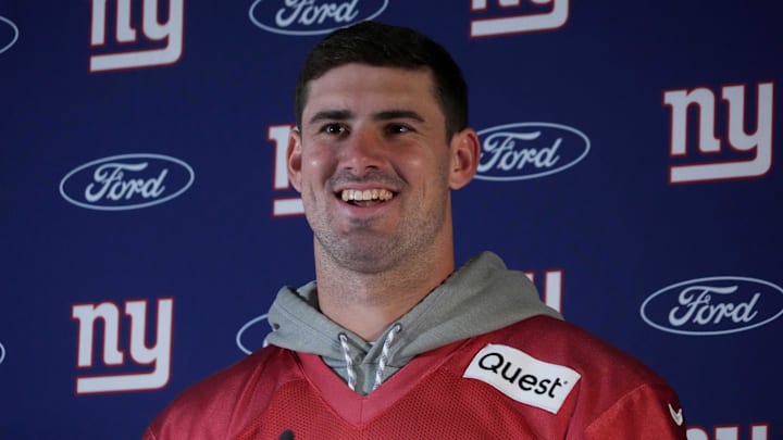 New York Giants quarterback Daniel Jones speaks at a press conference.