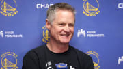 Apr 9, 2024; Los Angeles, California, USA; Golden State Warriors coach Steve Kerr at a press conference during the game against the Los Angeles Lakers at Crypto.com Arena. Mandatory Credit: Kirby Lee-USA TODAY Sports