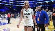 Chicago Sky forward Angel Reese leaves the court after the game against the LA Sparks.