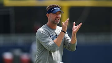 Jul 29, 2023; Oxnard, CA, USA; Dallas Cowboys offensive coordinator Brian Schottenheimer during training camp at the River Ridge Fields. Mandatory Credit: Kirby Lee-Imagn Images
