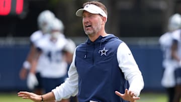 Jul 22, 2025; Oxnard, CA, USA; Dallas Cowboys coach Brian Schottenheimer during training camp at the River Ridge Fields. Mandatory Credit: Kirby Lee-Imagn Images