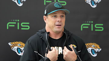 Oct 17, 2024; Watford, United Kingdom; Jacksonville Jaguars special teams coordinator Heath Farwell during press conference at The Grove. Mandatory Credit: Kirby Lee-Imagn Images