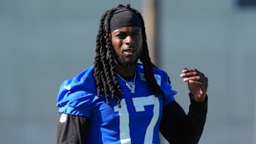 Jul 23, 2025; Los Angeles, CA, USA; Los Angeles Rams receiver Davante Adams (17) during training camp at Loyola Marymount University. Mandatory Credit: Kirby Lee-Imagn Images