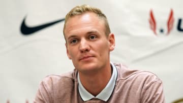 May 17, 2024; Los Angeles, CA, USA; Sam Kendricks (USA) at a press conference prior to the USATF Los Angeles Grand Prix. Mandatory Credit: Kirby Lee-USA TODAY Sports