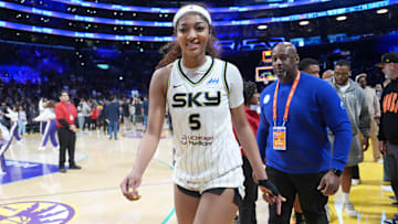 Chicago Sky forward Angel Reese leaves the court after the game against the LA Sparks.