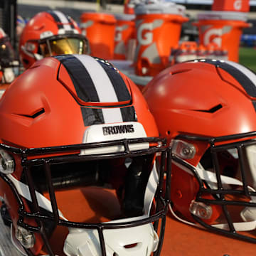 Dec 3, 2023; Inglewood, California, USA; Riddell speedflex Cleveland Browns helmets on the sidelines at SoFi Stadium. Mandatory Credit: Kirby Lee-Imagn Images