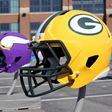A Green Bay Packers helmet, among others, at the Scouting Combine.