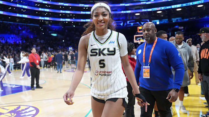 Chicago Sky forward Angel Reese leaves the court after the game against the LA Sparks. Chicago Sky forward Angel Reese leaves the court after the game against the LA Sparks.