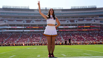 Sep 28, 2024; Los Angeles, California, USA; Southern California Trojans song girls cheerleader during the game against the Wisconsin Badgers at United Airlines Field at Los Angeles Memorial Coliseum. Mandatory Credit: Kirby Lee-Imagn Images