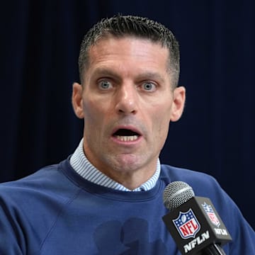 Feb 27, 2025; Indianapolis, IN, USA; Houston Texans general manager Nick Caserio speaks during the 2025 NFL Scouting Combine at the Indiana Convention Center. Mandatory Credit: Kirby Lee-Imagn Images