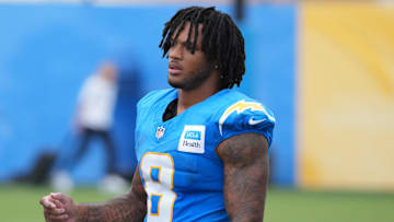 Jul 21, 2025; El Segundo, CA, USA; Los Angeles Chargers running back Omarion Hampton (8) at training camp at The Bolt. Mandatory Credit: Kirby Lee-Imagn Images