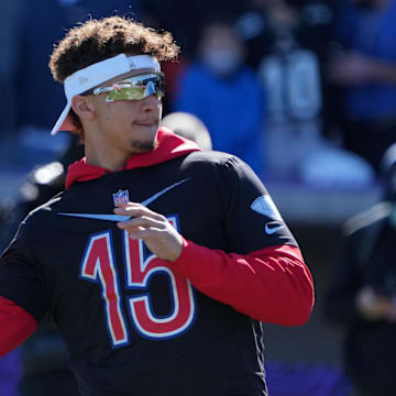 Kansas City Chiefs quarterback Patrick Mahomes throws the ball during AFC practice ahead of 2022 Pro Bowl.