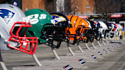 Feb 28, 2024; Indianapolis, IN, USA; A general view of large helmets of the New York Jets, Baltimore Ravens and Cincinnati Bengals at the NFL Scouting Combine Experience at Lucas Oil Stadium. Mandatory Credit: Kirby Lee-Imagn Images