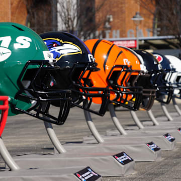 Feb 28, 2024; Indianapolis, IN, USA; A general view of large helmets of the New York Jets, Baltimore Ravens and Cincinnati Bengals at the NFL Scouting Combine Experience at Lucas Oil Stadium. Mandatory Credit: Kirby Lee-Imagn Images