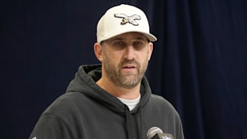 Feb 25, 2025; Indianapolis, IN, USA; Philadelphia Eagles coach Nick Sirianni speaks during the NFL Scouting Combine at the Indiana Convention Center. 