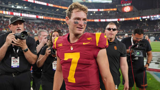 Southern California Trojans quarterback Miller Moss (7) reacts after the game against the LSU Tigers at Allegiant Stadium