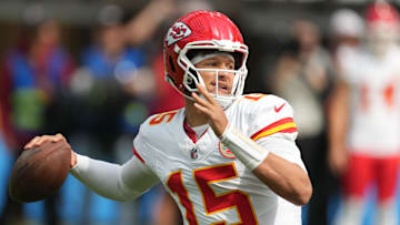 Sep 29, 2024; Inglewood, California, USA; Kansas City Chiefs quarterback Patrick Mahomes (15) throws the ball in the first quarter against the Los Angeles Chargers at SoFi Stadium. Mandatory Credit: Kirby Lee-Imagn Images