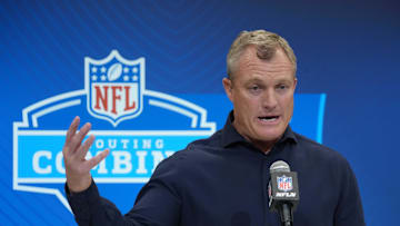 Feb 27, 2025; Indianapolis, IN, USA; San Francisco 49ers general manager John Lynch speaks during the 2025 NFL Scouting Combine at the Indiana Convention Center. Mandatory Credit: Kirby Lee-Imagn Images