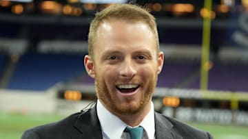 Greg McElroy attends the 2022 CFP college football national championship game at Lucas Oil Stadium