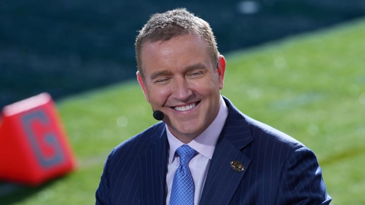 Jan 1, 2024; Pasadena, CA, USA; Kirk Herbstreit on the ESPN College Gameday set at the 2024 Rose Bowl college football playoff semifinal game at Rose Bowl. Mandatory Credit: Kirby Lee-USA TODAY Sports