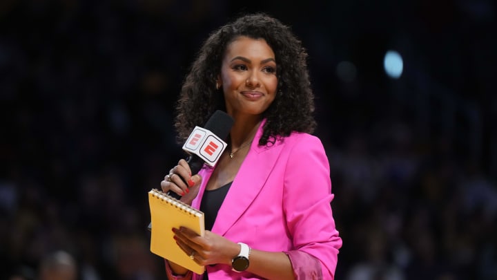 Mar 12, 2023; Los Angeles, California, USA; ESPN sideline reporter Malika Andrews during the game between the Los Angeles Lakers and the New York Knicks at Crypto.com Arena. Mandatory Credit: Kirby Lee-USA TODAY Sports