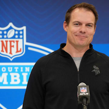 Feb 25, 2025; Indianapolis, IN, USA; Minnesota Vikings coach Kevin O'Connell speaks during the NFL Scouting Combine at the Indiana Convention Center.