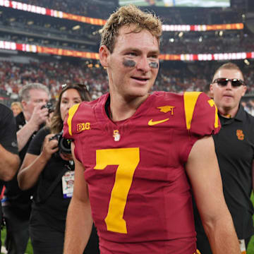 Sep 1, 2024; Paradise, Nevada, USA; Southern California Trojans quarterback Miller Moss (7) reacts after the game against the LSU Tigers at Allegiant Stadium. Mandatory Credit: Kirby Lee-Imagn Images