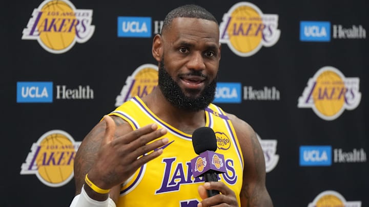 Sep 30, 2024; El Segundo, CA, USA; Los Angeles Lakers forward LeBron James (6) during media day at the UCLA Health Training Center. Mandatory Credit: Kirby Lee-Imagn Images