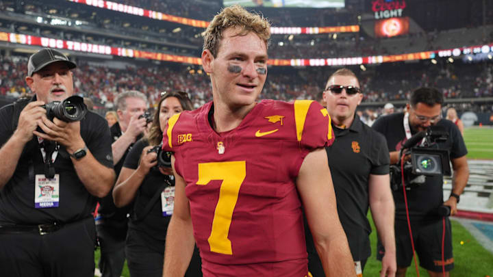 Sep 1, 2024; Paradise, Nevada, USA; Southern California Trojans quarterback Miller Moss (7) reacts after the game against the LSU Tigers at Allegiant Stadium. Mandatory Credit: Kirby Lee-Imagn Images