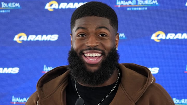  Los Angeles Rams linebacker Jared Verse at a press conference during organized team activities at Rams Practice Facility.