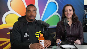 On the day Derrick Harmon became a No. 1 draft pick, his mother passed away. Here he is being interviewed by NBC reporter Nicole Auerbach at the Senior Bowl in January.