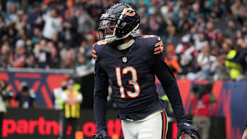 Oct 13, 2024; London, United Kingdom; Chicago Bears wide receiver Keenan Allen (13) celebrates after catching a 9-yard touchdown pass against the Jacksonville Jaguars in the second half during an NFL International Series game at Tottenham Hotspur Stadium.