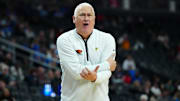 Mar 13, 2024; Las Vegas, NV, USA; Oregon State Beavers coach Wayne Tinkle reacts against the UCLA Bruins in the second half at T-Mobile Arena. Mandatory Credit: Kirby Lee-Imagn Images
