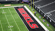 The UNLV Rebels logo in the end zone is seen before the Mountain West Championship between the Boise State Broncos and the UNLV Rebels at Allegiant Stadium. 
